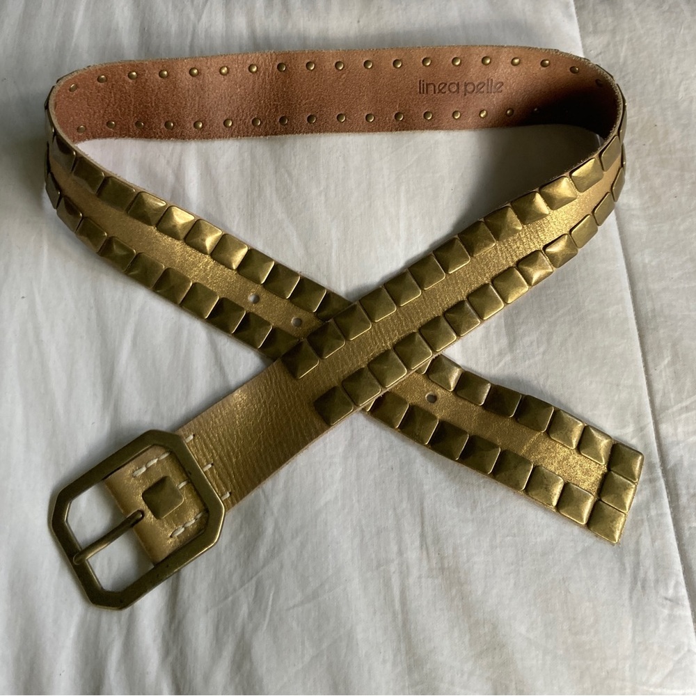 LINEA PELLE Hand Made Metallic Square Studded Leather Brass Buckle M